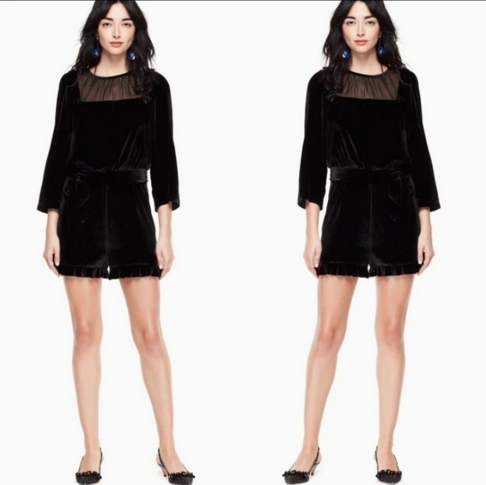 NWT Kate Spade Black Velvet 3/4Sleeve Ruffle Romper